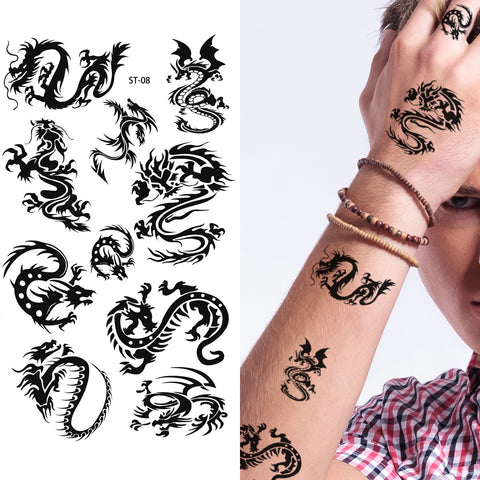 Ancient Asian Red Dragon Blue and Red Flowers and Demon Temporary Sleeve  Tattoos| WannaBeInk.com